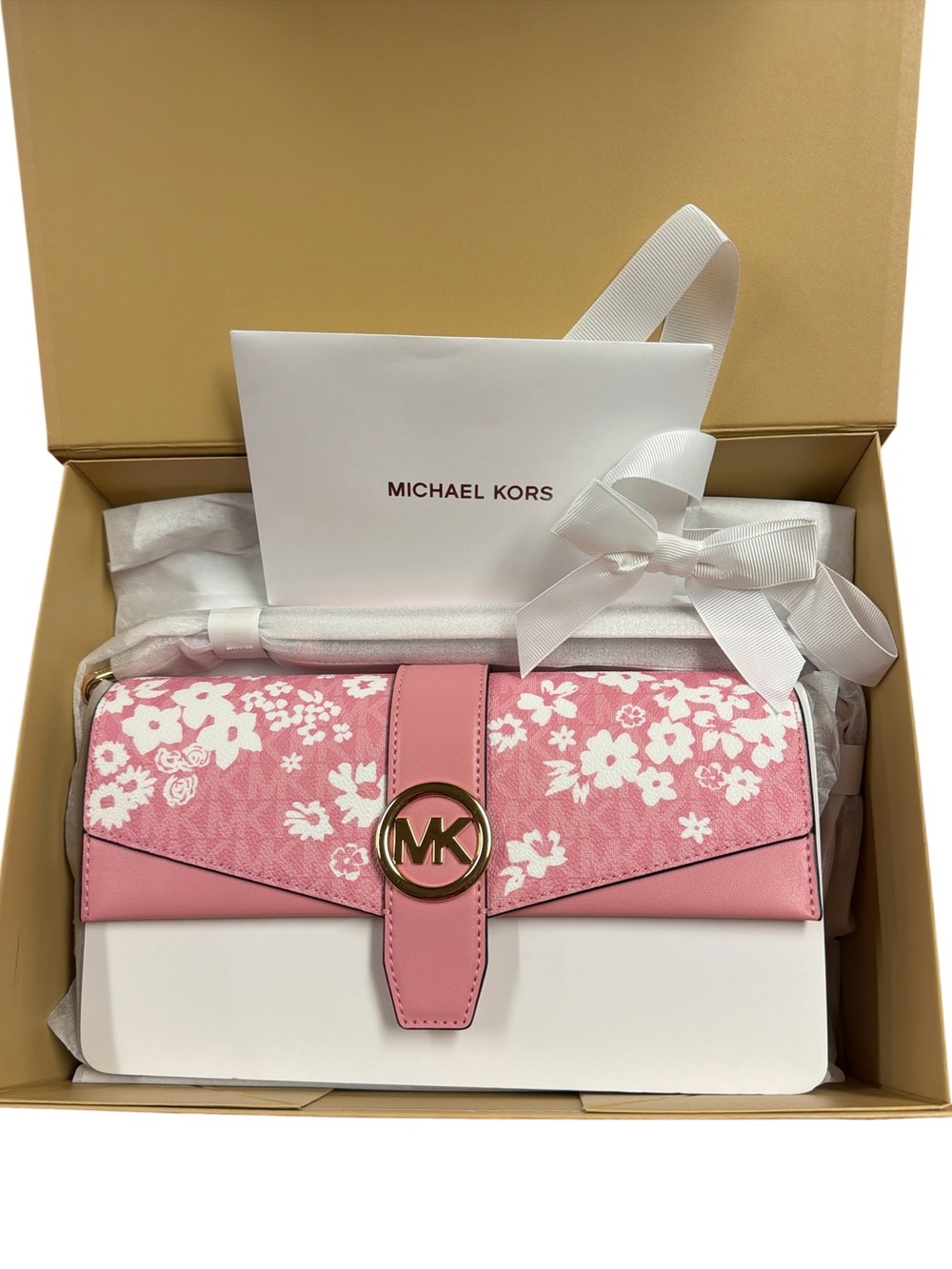 Michael Kors Greenwich Floral Printed Logo Shoulder Bag Carnation in Gift Box